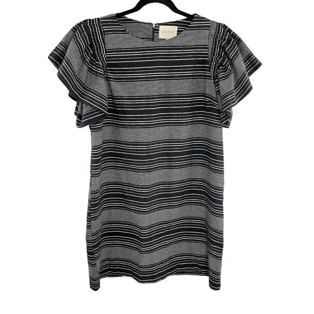 Moon River Black & White Striped Flutter Ruffle Sleeve Sheath Dress Size Medium